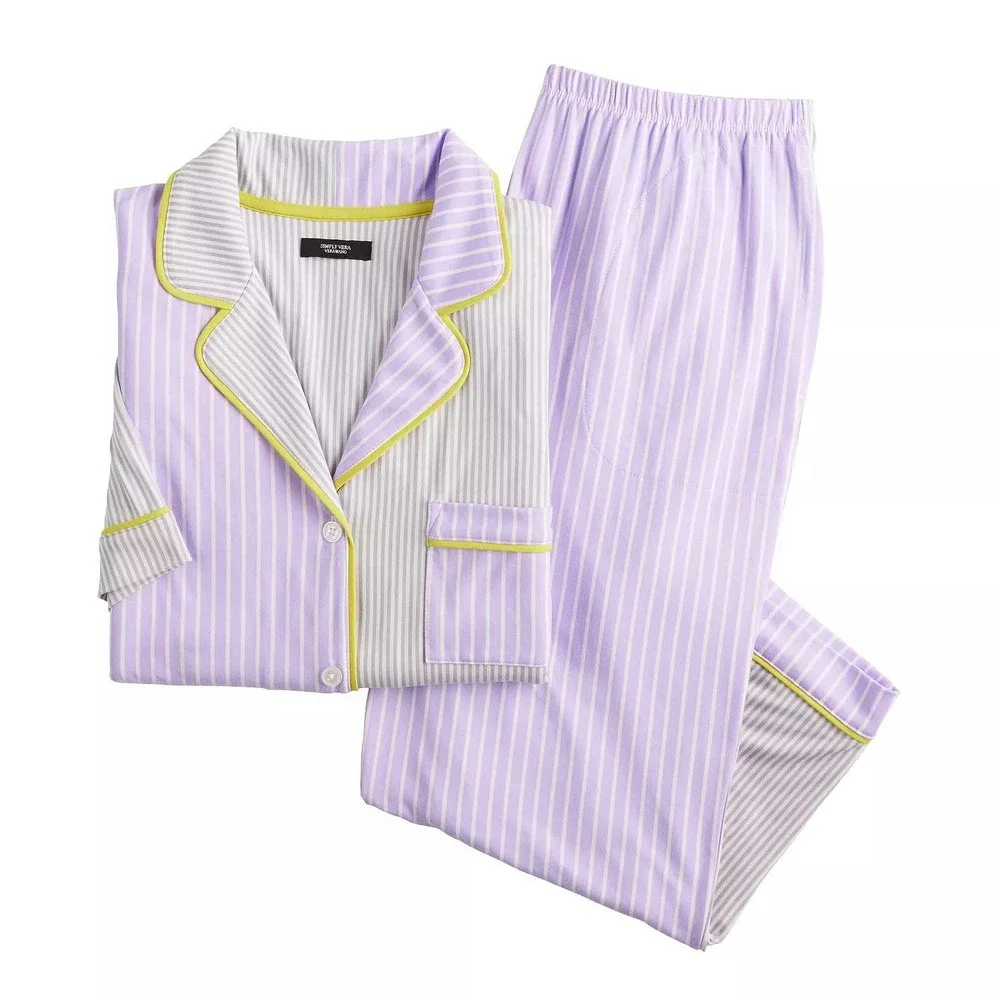 Simply Vera‎ Wang Pajama Set Women Large Purple Grey Striped Colorblock Lounge